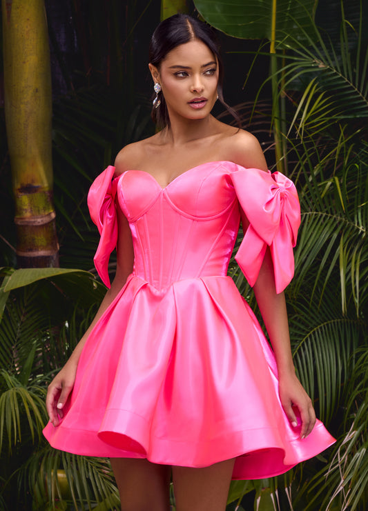 Turn heads in the playful and flirty Ashley Lauren 4788 cocktail dress. The unique corset bodice, off-the-shoulder design, and bow straps add a touch of fun to this A-line dress. Perfect for any special occasion, the short skirt will have you dancing the night away (and looking fabulous!