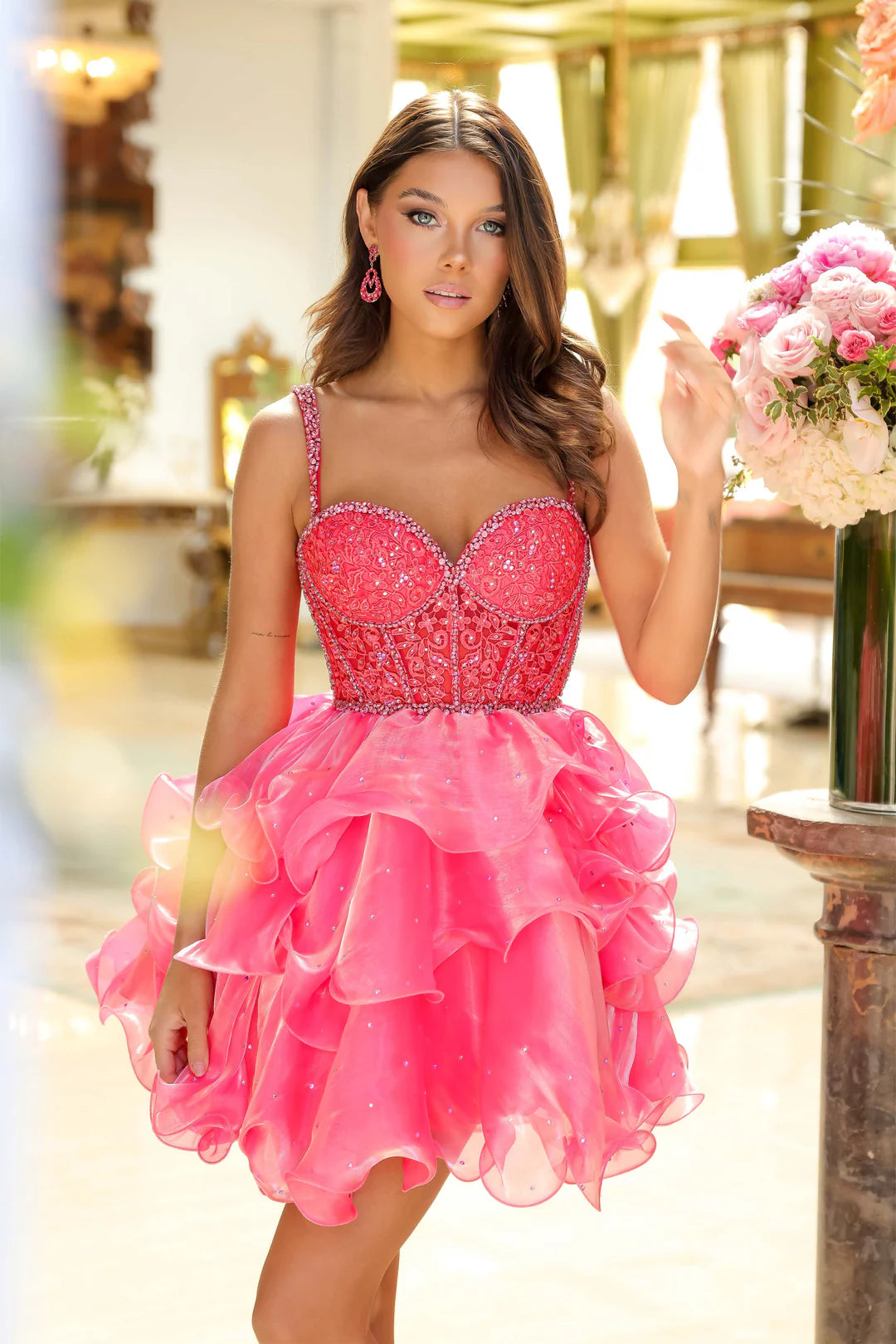 Discover elegance and fun with the Ava Presley 29179 Short Ruffle Homecoming Dress. Its lace and shimmer fabric creates a glamorous look, while the ruffle detailing adds a touch of playfulness. Perfect for formal events, this cocktail gown is sure to make you stand out. Cocktail dress with beaded lace bodice and ruffle organza skirt. Perfect for homecoming, pageants or parties!&nbsp;