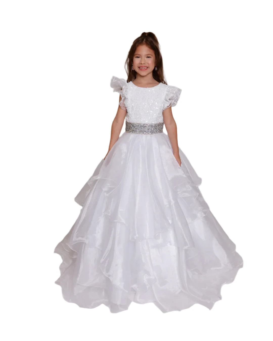 Expertly crafted and elegant, the Ava Presley 39892 girls pageant dress features a stunning blend of sequins and a keyhole ball gown train. The cap sleeves and layered design add a touch of sophistication, while the high-quality construction ensures a flawless fit for your little princess.