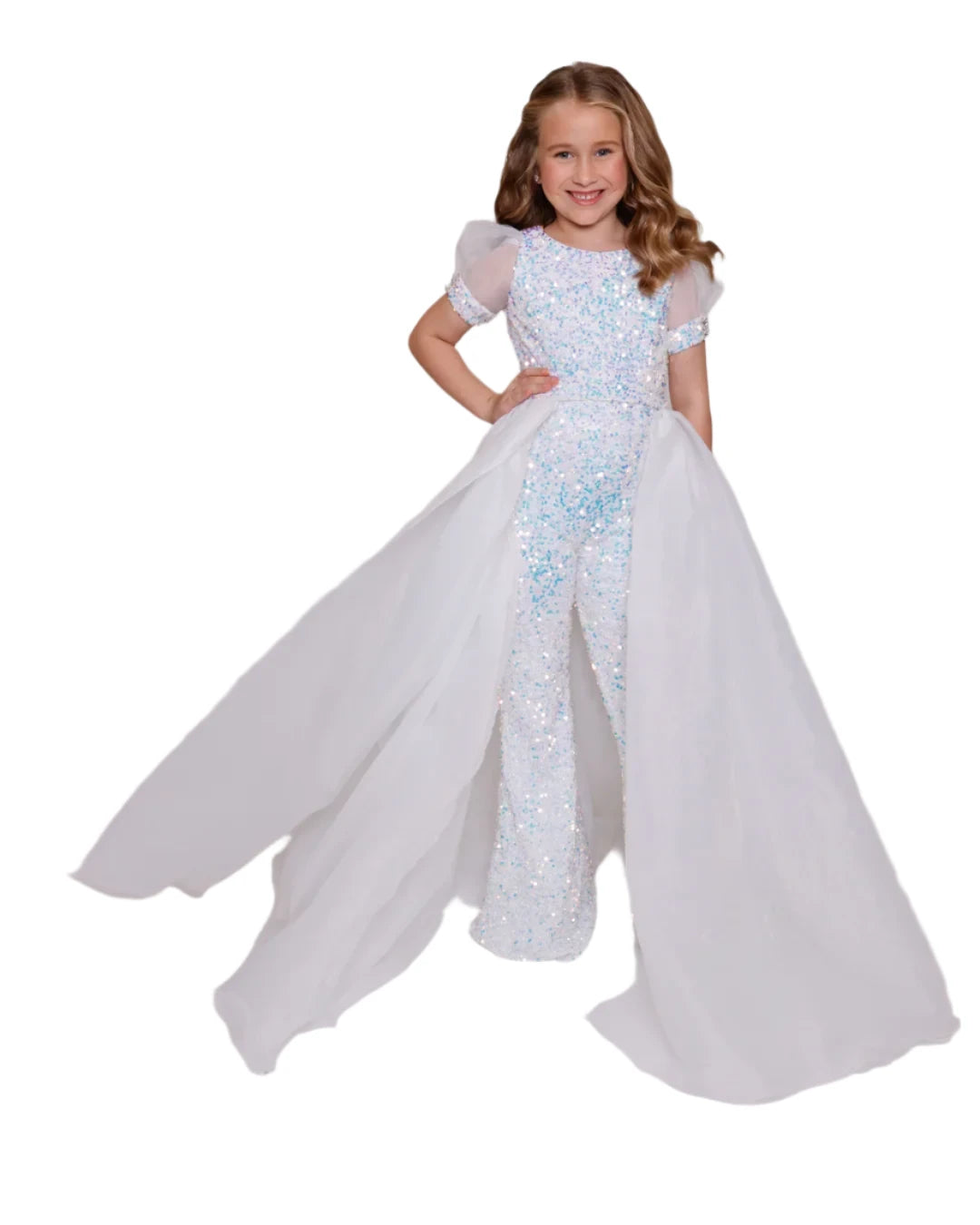 Introduce your little girl to the world of pageantry with the Ava Presley 38044 Girls Sequin Pageant Jumpsuit. Featuring a sparkling sequin design and a chic overskirt, this jumpsuit is not only fashionable but also comfortable with its puff sleeves and bell bottom. Perfect for formal occasions, give your child the confidence to shine on stage. The Ava Presley 38044