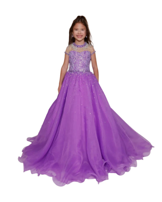 This Ava Presley 38043 Girls Pageant Dress features a Sheer High Neck design, Ballgown silhouette, cap sleeves, and a crystal organza Train. Perfect for pageants and special occasions. The elegant design will make your little girl feel like a princess, while the high-quality materials ensure comfort and durability. The Ava Presley 38043