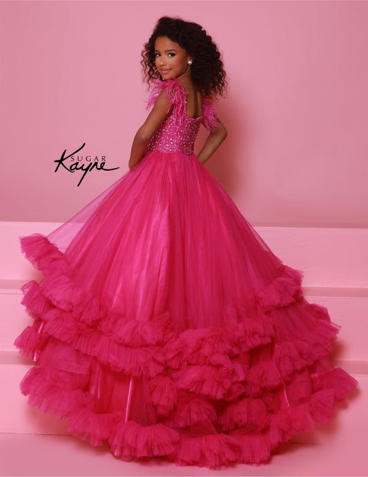 Sugar Kayne C327 Size 4 Magenta Girls Preteens Pageant Dress Feather Straps Tiered Ruffle Bottom Crystal Stone Bodice