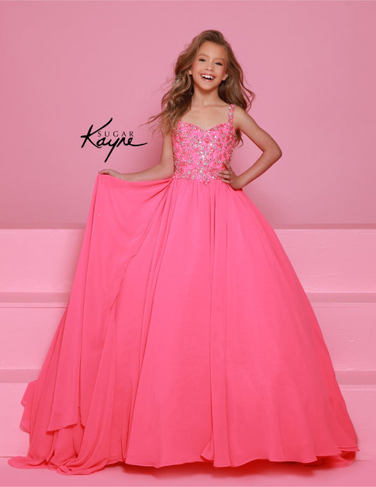 Sugar Kayne C368 Size 6 Hot Pink Chiffon Cape Girls Pageant Dress Crystal Sequin Bodice Ballgown Teen