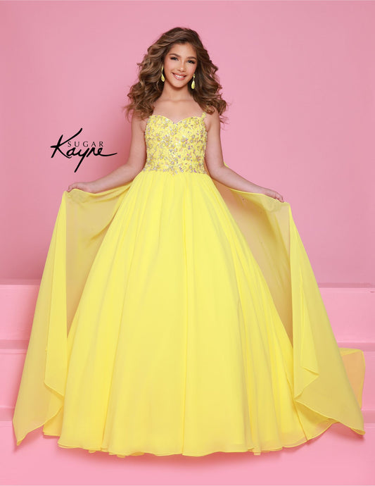 Sugar Kayne C368 Chiffon Cape Girls Pageant Dress Crystal Sequin Bodice Ballgown Teen Preteen Gown