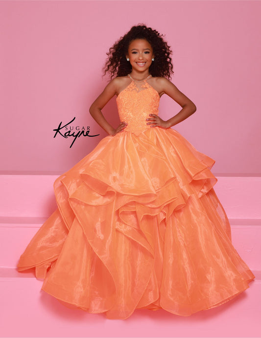 Introducing the elegant Sugar Kayne C375 Crystal Lace High Neck Girls Pageant Dress! With its intricate lace detailing and high neck design, this dress exudes sophistication and style. The ruffled A-line ballgown silhouette adds a touch of playfulness while maintaining a formal look. Perfect for any special occasion. Make a stunning impression at your next pageant with this exquisite halter-neck gown. Featuring a beaded bodice that adds a dazzling touch of sparkle, this gown offers both elegance and comfort