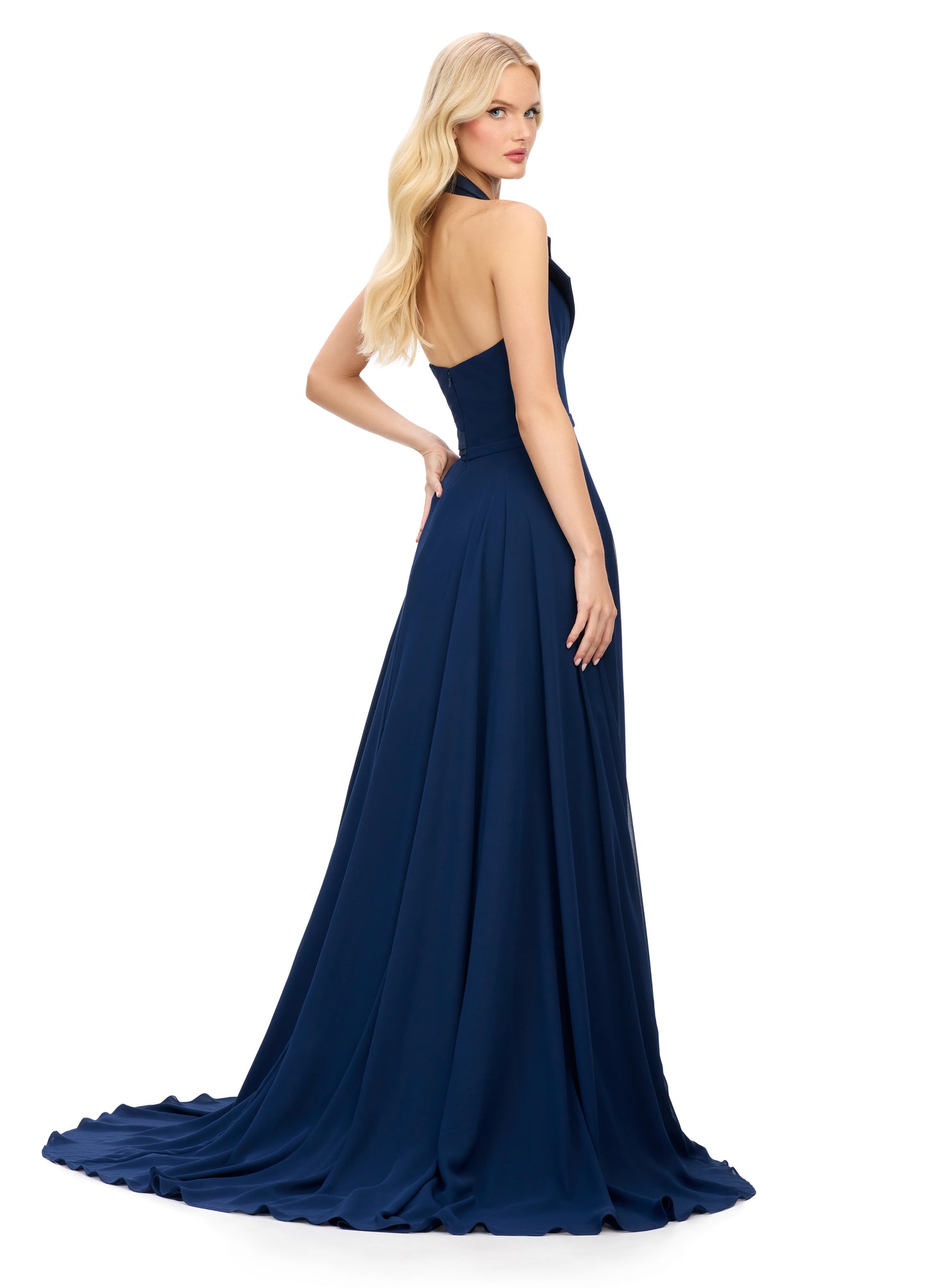 Ashley Lauren 11753 Halter A Line Evening Gown with Slit Tuxedo Lapel V Neckline