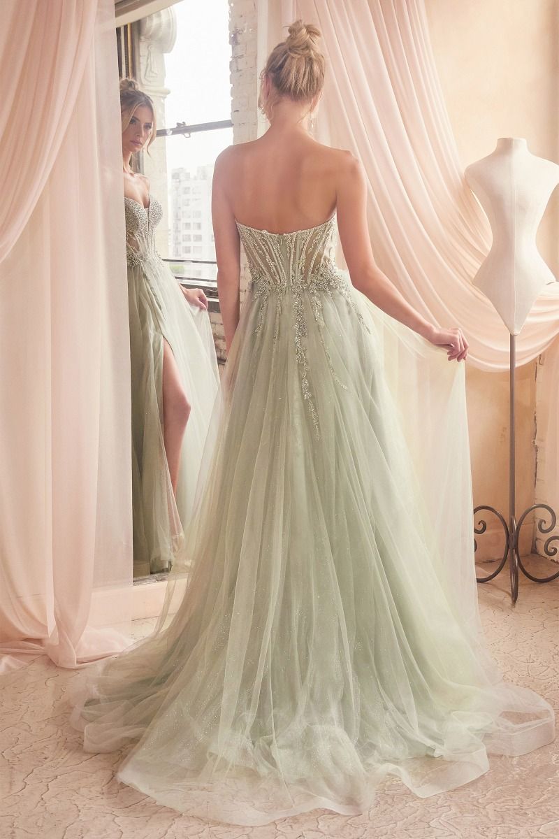 Ladivine CD0230 Size 2,6 SAGE  Beaded Sheer Corset A Line Maxi Slit Prom Dress Shimmer Ballgown Formal