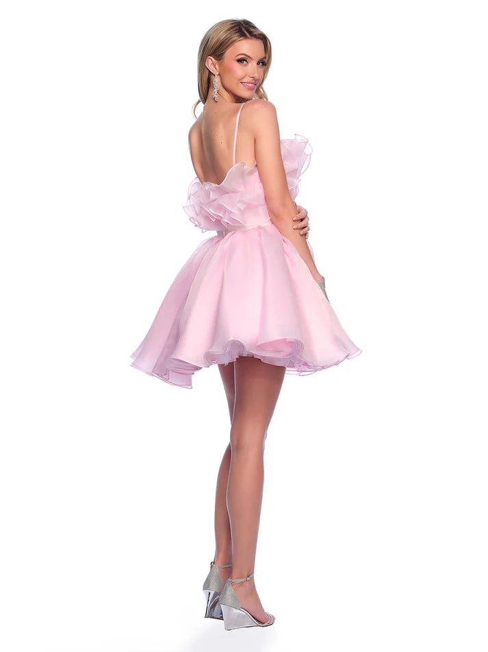 This Dave &amp; Johnny 11730 dress features a cupcake-style ruffle skirt, a flattering babydoll silhouette, and a playful ribbon accent. Perfect for homecoming or any other special occasion, this cocktail dress will make you stand out with its unique design. The ruffled skirt adds a fun and youthful touch, while the babydoll silhouette flatters your figure. The ribbon detail adds a touch of elegance, making this dress a versatile option for any event.