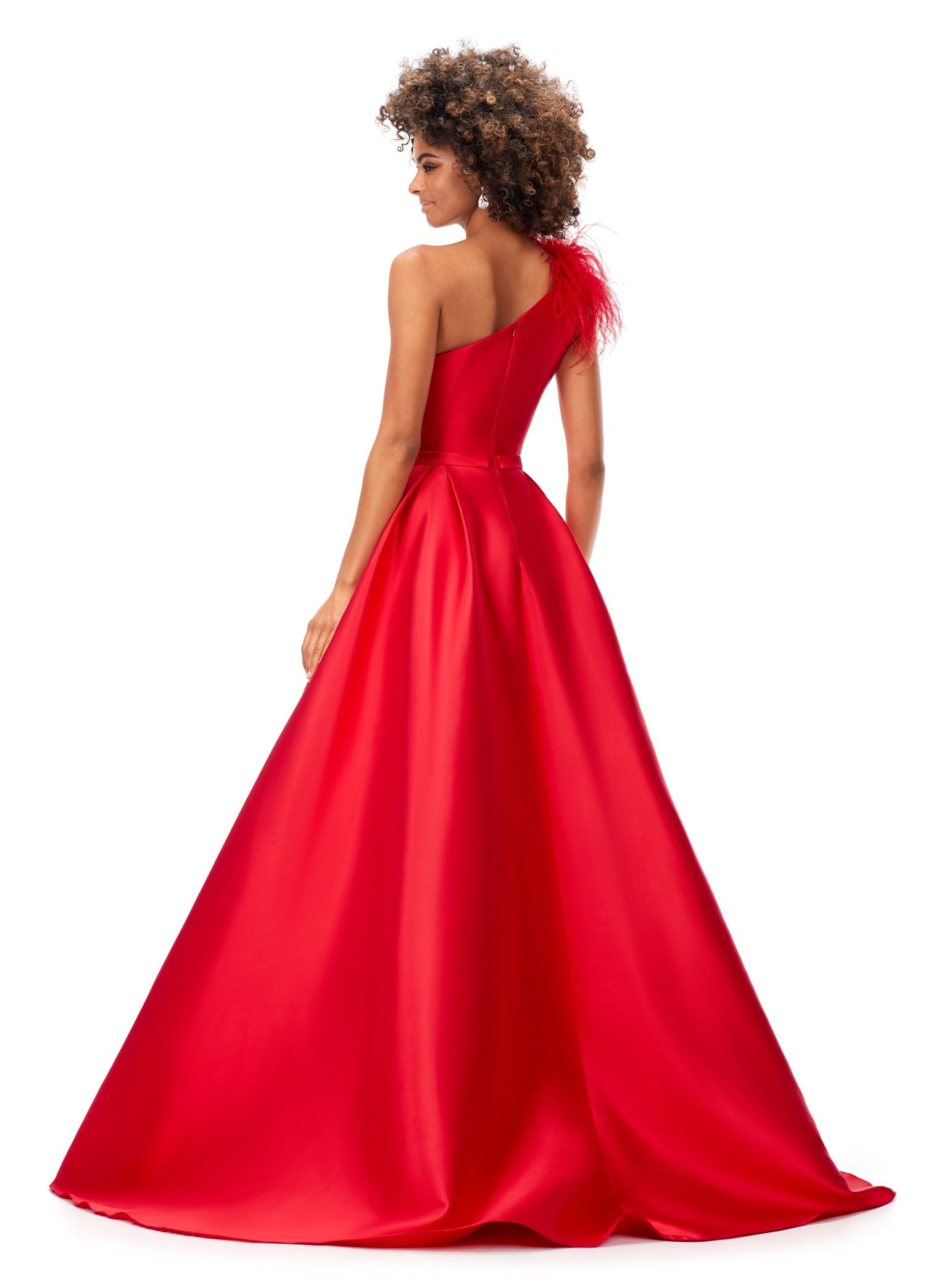 Ashley Lauren 11336 This elegant and sophiscated one shoulder ball gown is sure to make a statement at your next event. The neckline is emebellished with feather details. The a-line skirt completes the look. One Shoulder A-Line Skirt Feather Details Mikado COLORS: Turquoise, Ivory, Red