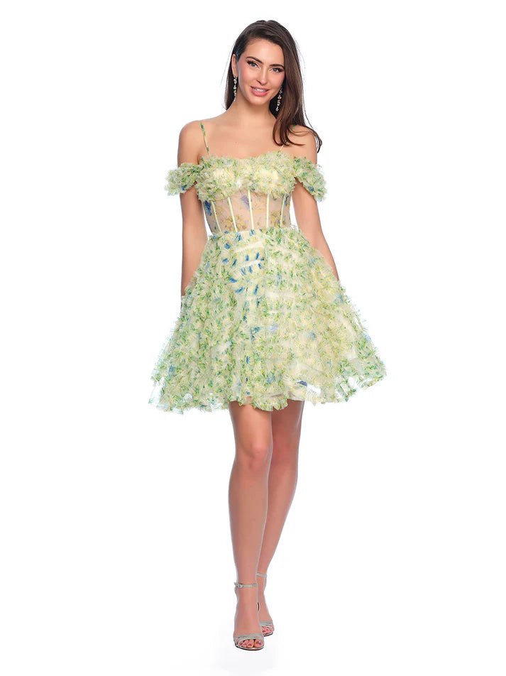 Elevate your style with the Dave &amp; Johnny 11767 Short Ruffle Print Homecoming Dress. This stunning gown features a sheer corset and an off the shoulder design, creating a modern and sophisticated look. The eye-catching ruffle print adds a touch of elegance, making it the perfect choice for your next cocktail event.