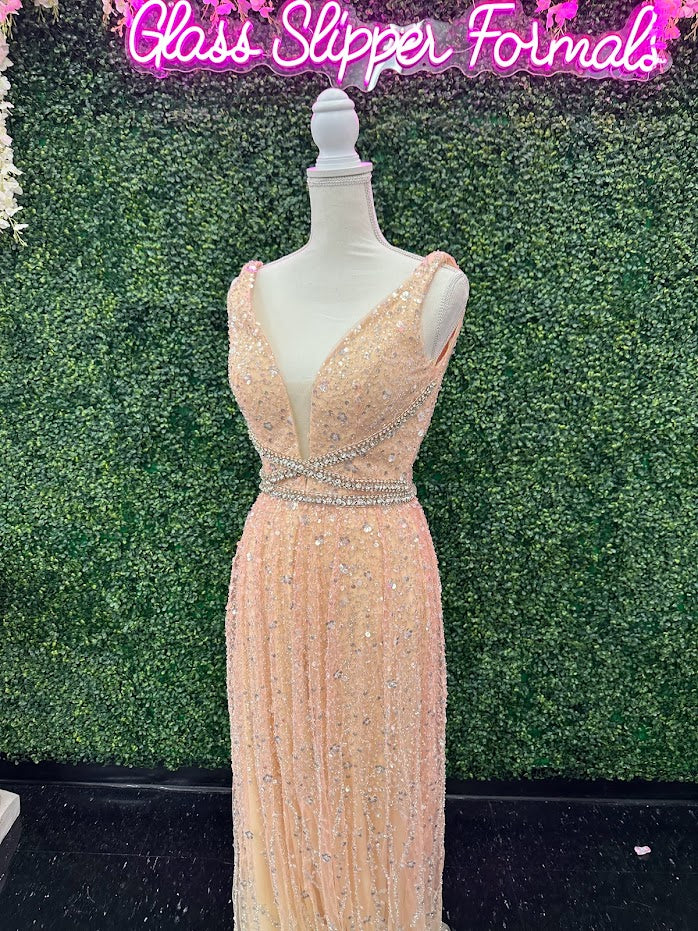 Johnathan Kayne 5400 Size 4 Champagne Long Beaded Sequin A Line Crystal Formal Evening Dress Gown V Neck