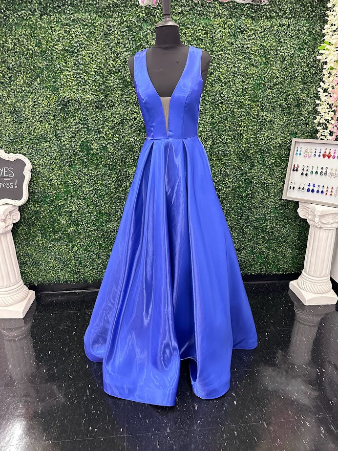 Johnathan Kayne 2550 Size 4 Royal A-Line Ballgown Satin Plunging Neckline Side Cut Outs Bows In Back Prom Gown