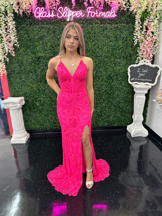 This Amarra 94143 long prom dress boasts a gorgeous neon pink hue, adorned with intricate beading for a touch of sparkle. The backless design and high front slit add a sultry touch to this formal gown, making it perfect for any special occasion. Make a statement and shine all night long.