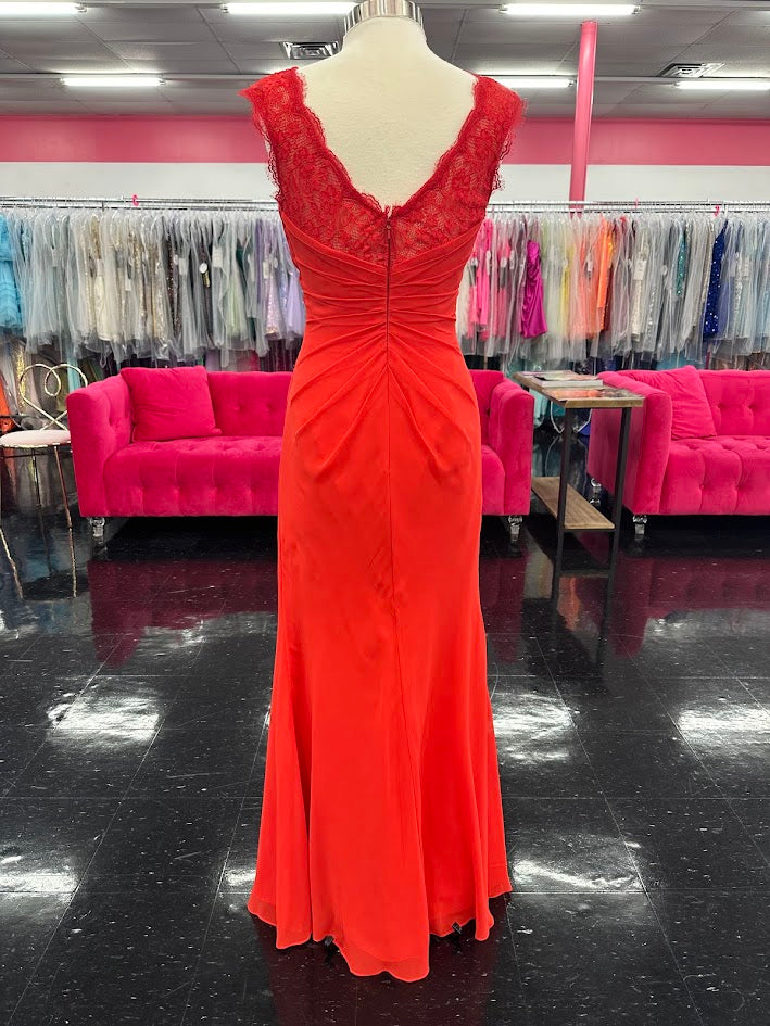 Adagio BM 158 Long Size 6 RED Sheer lace high neck formal Dress fitted Gown