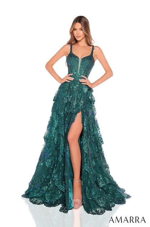 Amarra 88260 A Line Ruffle Prom Dress With Fitted Corset Bodice Floral Lace Shimmer