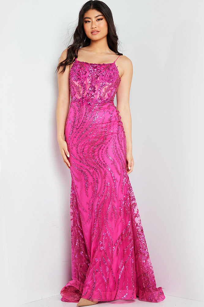 Jovani 23250 Sequined long prom dress fitted with train