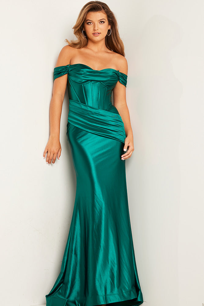 Jovani 37521 Emerald off the shoulder dress ruching corset top satin