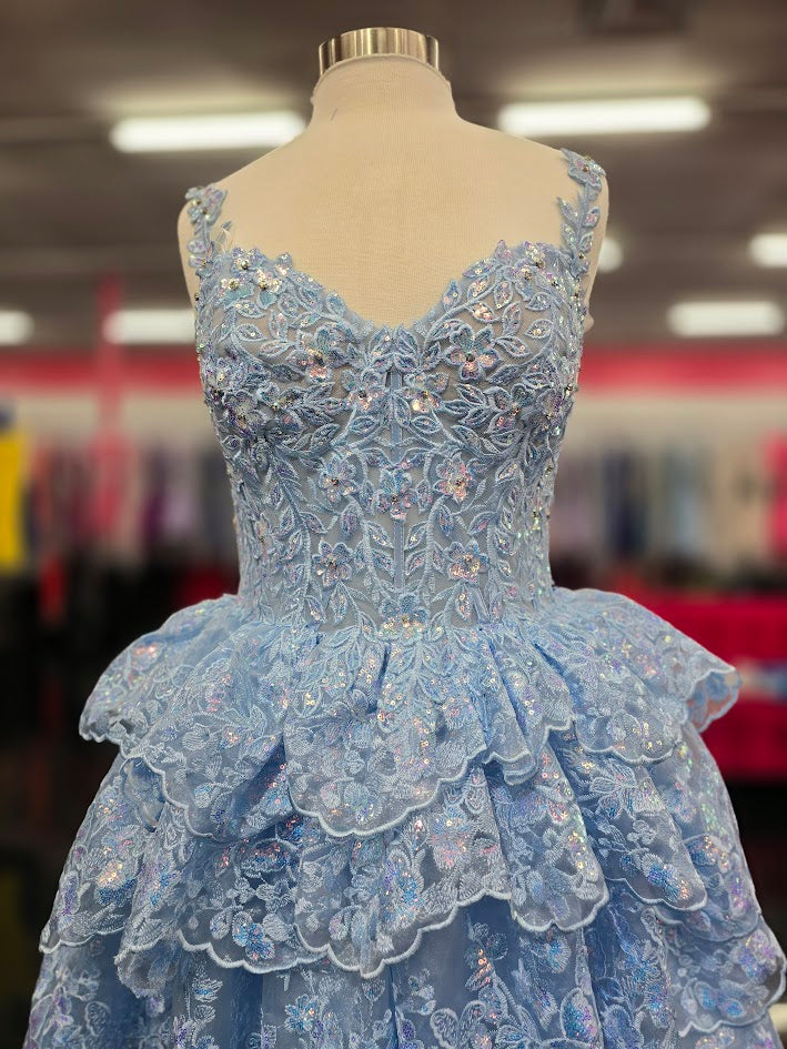 Jovani 37080 Size 10 Light Blue Short Lace Ruffle Homecoming Dress Sequin Corset Cocktail Gown Layer Skirt