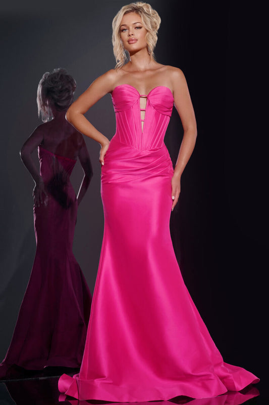 Jovani 43350 Fuchsia prom dress plunging neckline corset mermaid evening gown