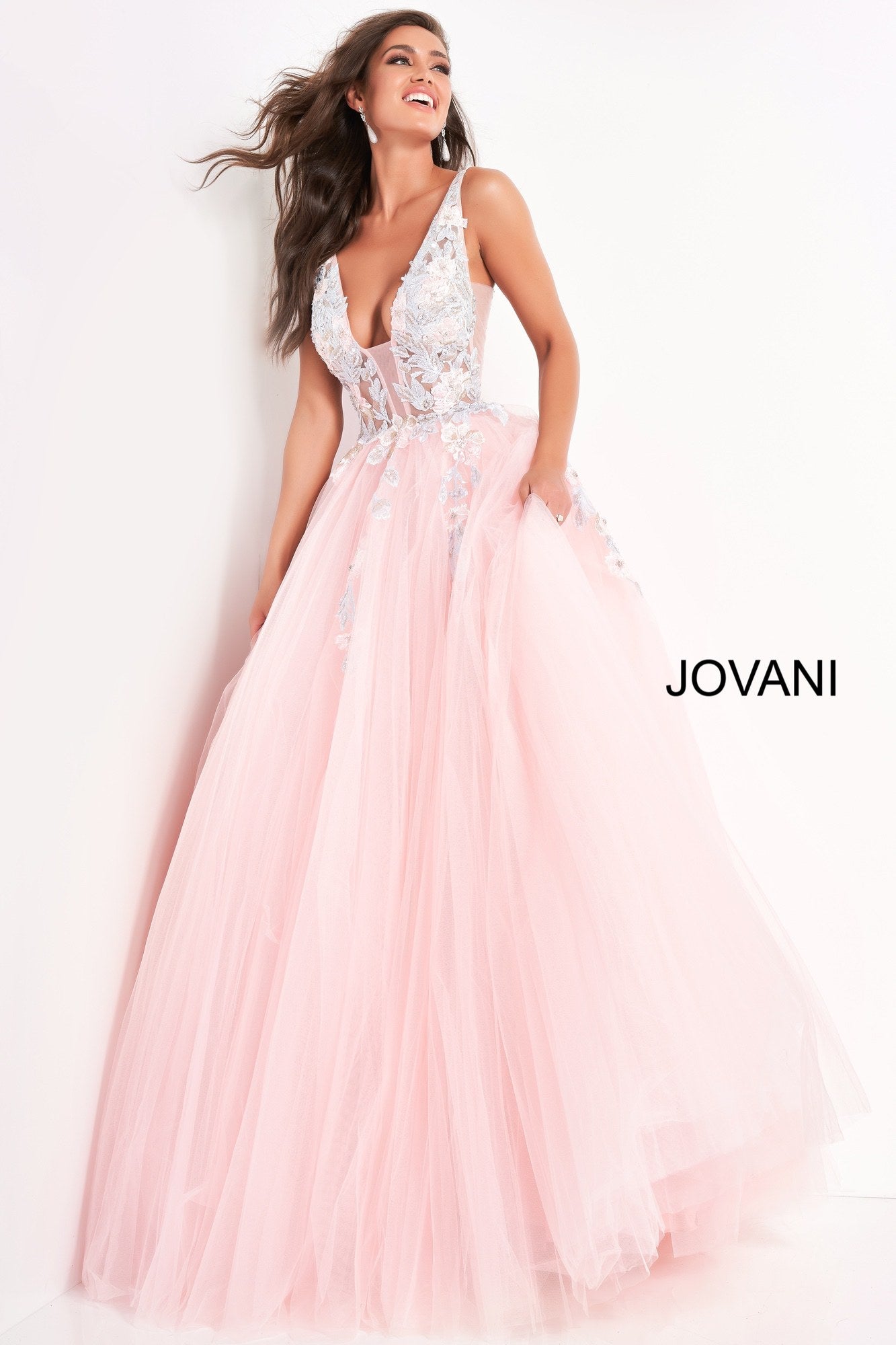 Jovani 11092 Long Sheer A Line Ballgown Formal Dress Floral Applique Romantic