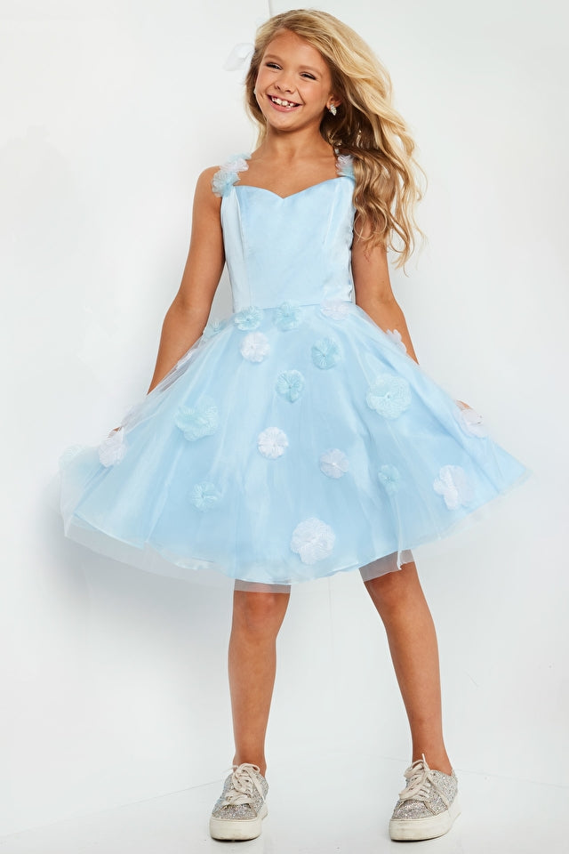 Jovani Kids K25989 Fit And Flare Floral Tulle Sweetheart Neckline Short Girls Dress. The Jovani Kids K25989 is the perfect dress for little ones who love to twirl! This adorable tulle fit and flare dress features a sweetheart neckline and is decorated with beautiful floral embroidery. Ready to sparkle in every occasion!