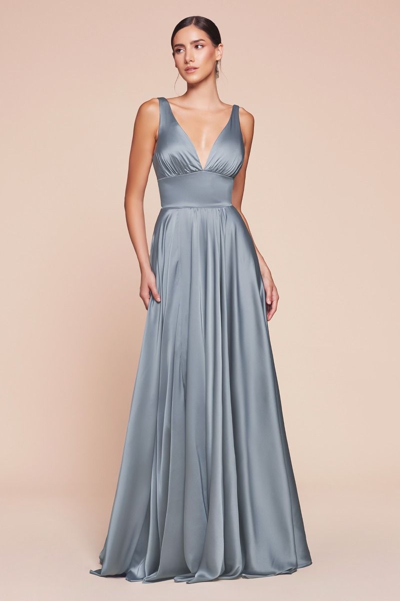 Ladivine 7469 Bridesmaids Dress is an A-line dress features a deep V-neckline and an empire waistline, beautifully crafted from soft satin. The fitted bodice transitions into a gracefully gathered skirt, creating a flattering silhouette. This best seller is ideal for bridesmaids, wedding guests, or formal events, and is both elegant and timeless.