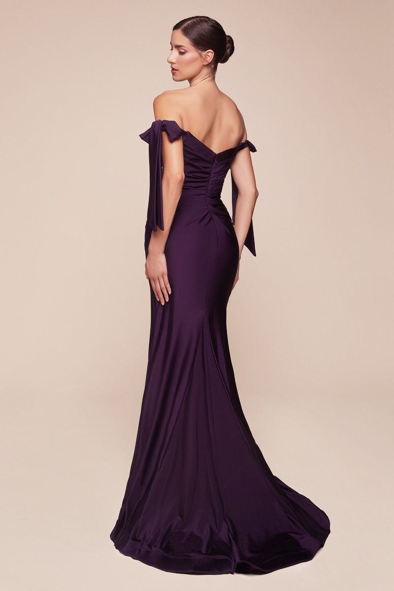 Ladivine CD943 Evening Bridesmaids Dress Off the Shoulder Tie Straps Fitted Ruched with Slit