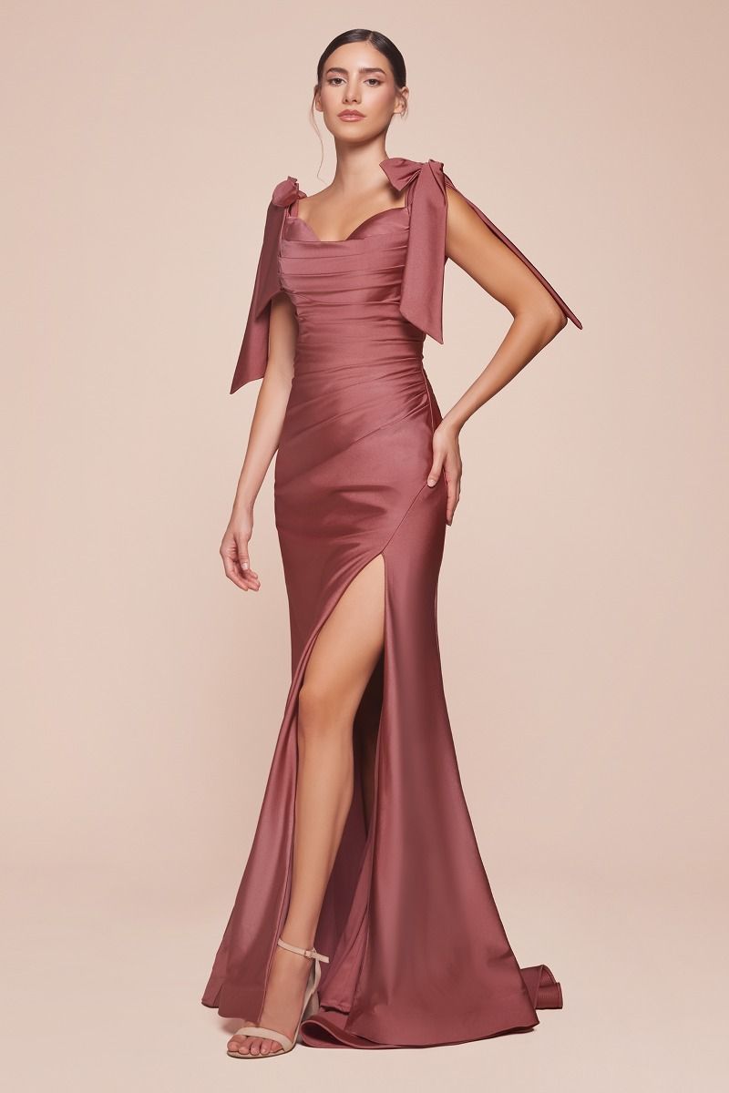 Ladivine CD943C Evening Bridesmaids Dress Curvy Sizes Off the Shoulder Tie Straps Fitted Ruched Slit