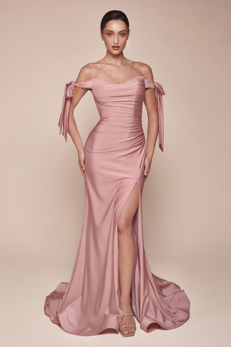 This Ladivine CD943 Evening Bridesmaids Dress is designed to flatter with off-the-shoulder tie straps, fitted ruched panels and a slit for a touch of femininity. Perfect for your special day.