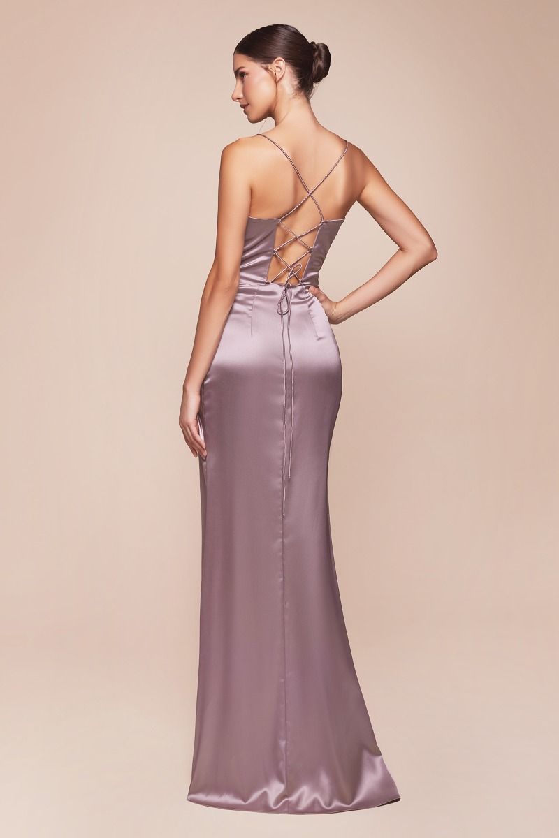 Ladivine 7483 Corset Prom Dress Bridesmaid Slit Luxe Satin Formal Gown Cowl Neck