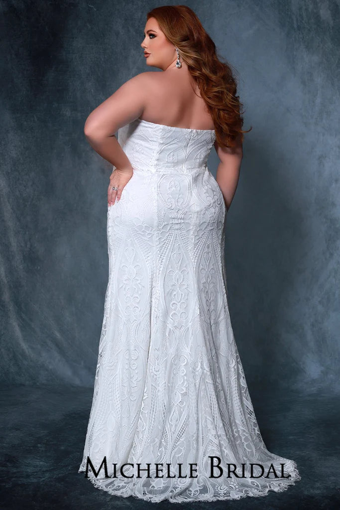 Michelle Bridal For Sydney's Closet MB2203 Fitted Silhouette Optional Lace Straps Contemporary Crochet Stretch Lace Ivory Tulle Plus Size "Margaux" Bridal Gown. 