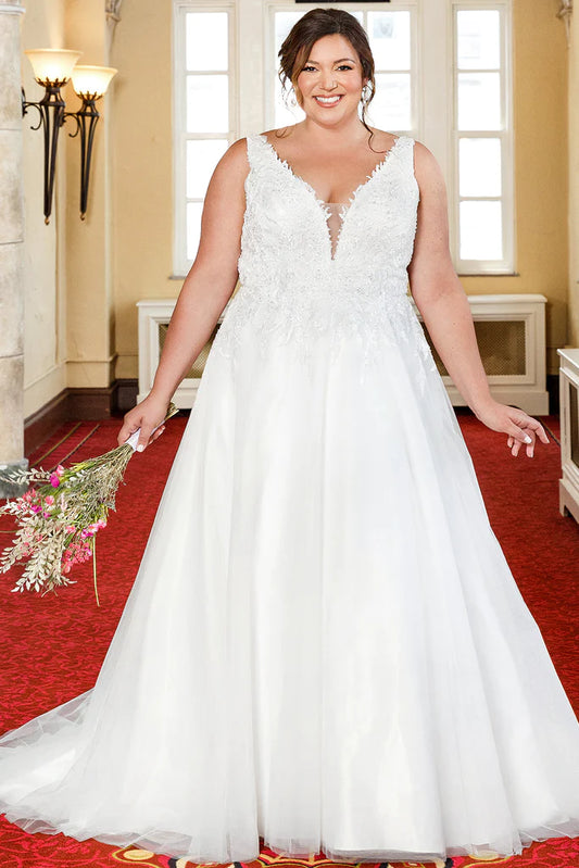 Michelle Bridal For Sydney's Closet MB2305 A-Line Floral Appliques Clear Sequins Bugle Beads Seed Pearls V-Neck Sleeveless Plus Size "Demi" Bridal. The Michelle Bridal MB2305 Bridal Gown brings the elegance of a V-neck sleeveless design with delicate floral appliques, clear sequins, bugle beads, and seed pearls. Crafted with a full A-Line skirt, this beautiful gown fits all body shapes. Look your absolute best on your special day with this plus size "Demi" gown.