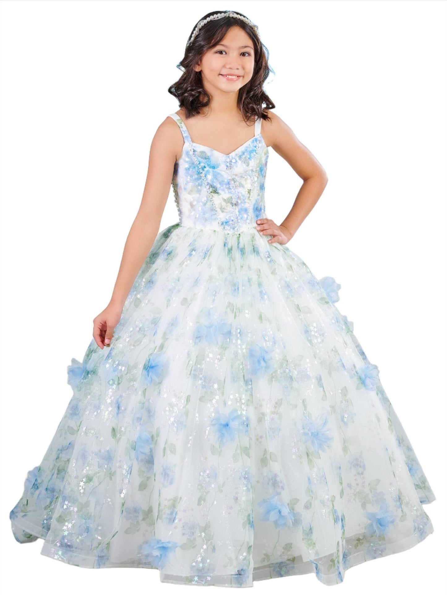 Expertly crafted by House of Wu, the 80007MQ Girls Mini Quince Dress boasts a stunning 3D floral design, complemented by a metallic corset and intricate beaded sequins. Perfect for any special occasion, this dress combines style and sophistication to make your little girl shine. Corset Back  Sizes: 2-12  Colors: Pink Rose, Blue Rose