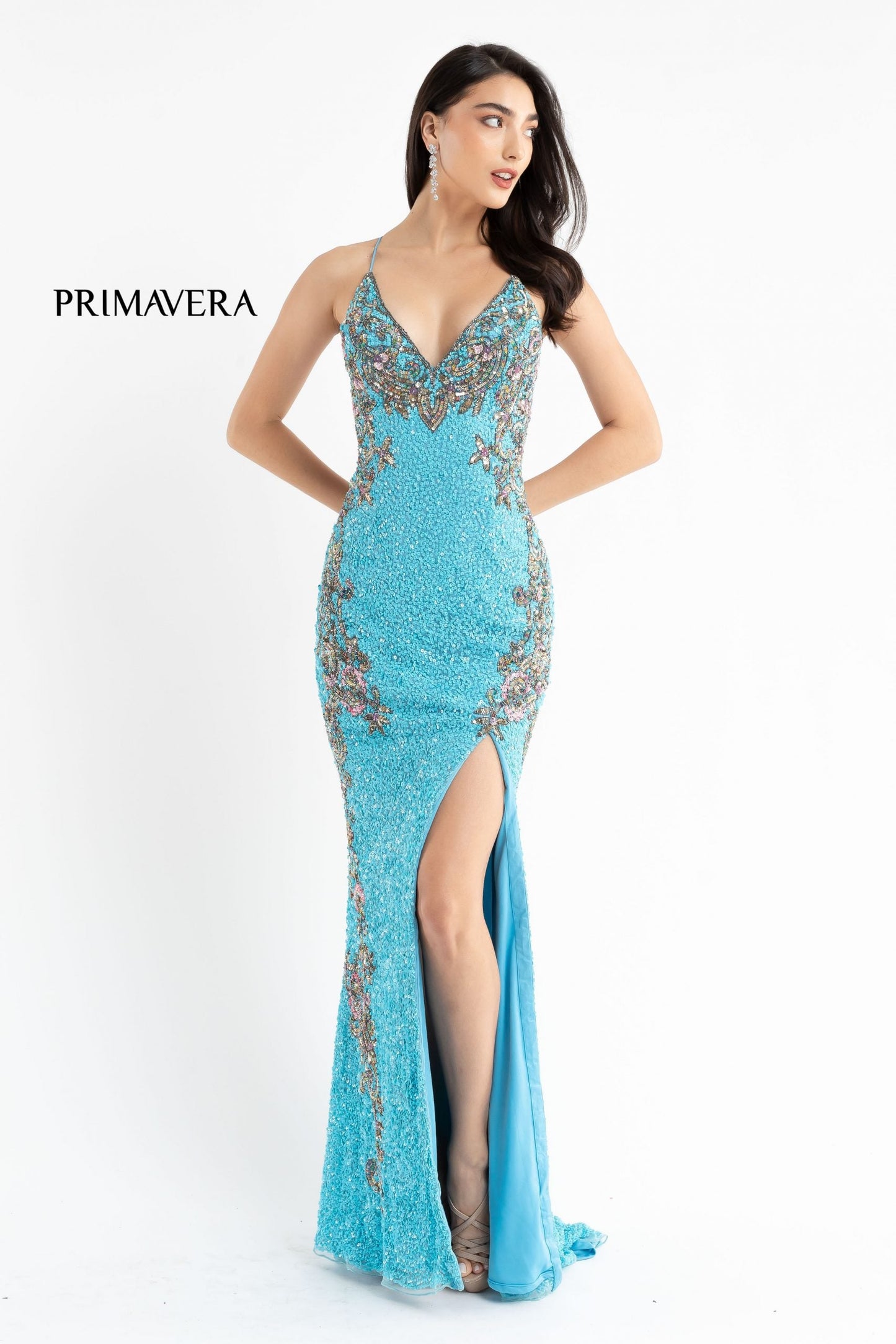 Primavera Couture 3211 Size 4 Platinum Sequin Prom Dress Pageant Gown Evening Formal Wear Side Slit