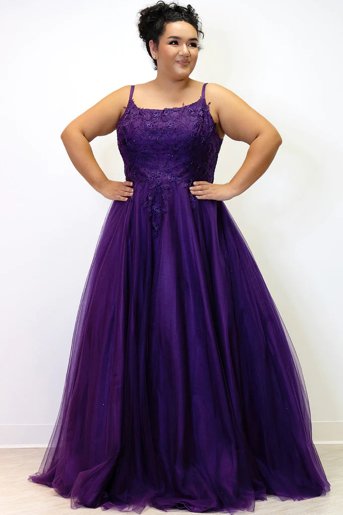 Sydney's Closet SC7357 A-Line Scoop Neck Tulle Lace Appliques Plus Size Prom Dress.  You'll be the belle of the ball in Sydney's Closet SC7357 A-Line Prom Dress! Flattering A-line skirt with scoop neck and lace appliques make you look like a real star. Get ready to dazzle in this plus size stunner! #HollaIfYouHeardItHereFirst