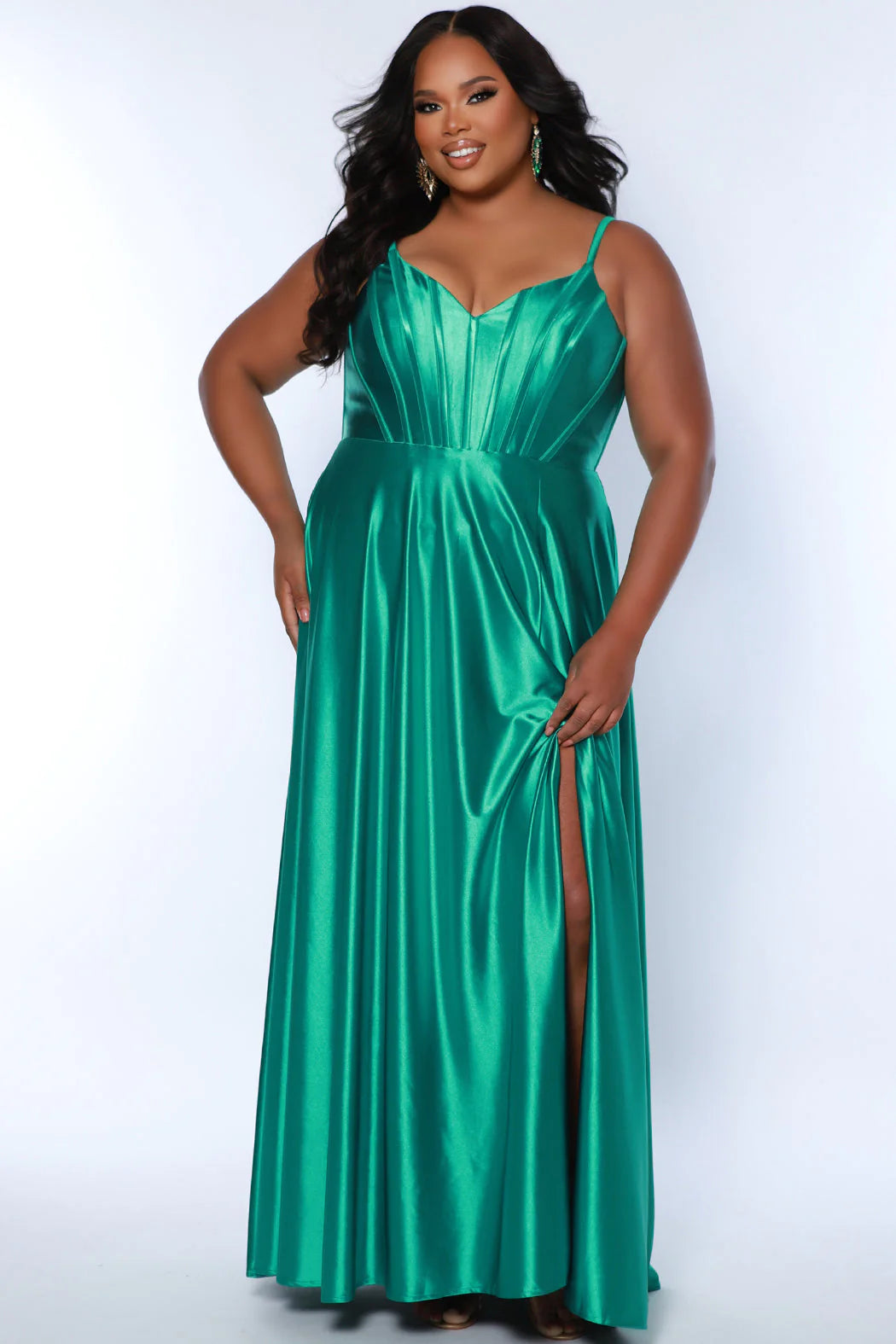 This elegant Sydneys Closet SC7380 Long Prom Dress is designed with a Plus Size V Neck silhouette, crafted from luxurious Satin. Featuring an A-Line corset bodice and long floor length skirt, this timeless Formal Gown is perfect for any special event or pageant. You're both gorgeous and glamorous when you wear this "Sweet in Satin" long formal gown to Prom 2024 or your next fancy evening event. 