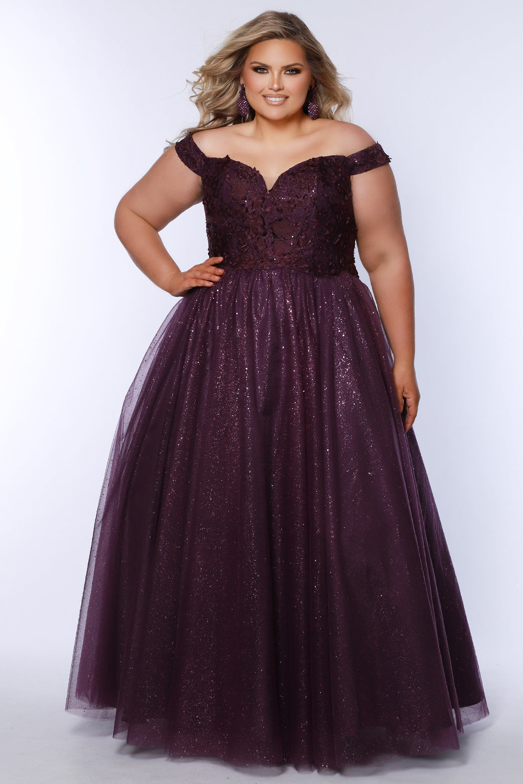 Sydneys Closet SC7428 Plus Sized Ballgown Prom Dress Off the Shoulder Glitter Tulle Long 3D Floral Lace