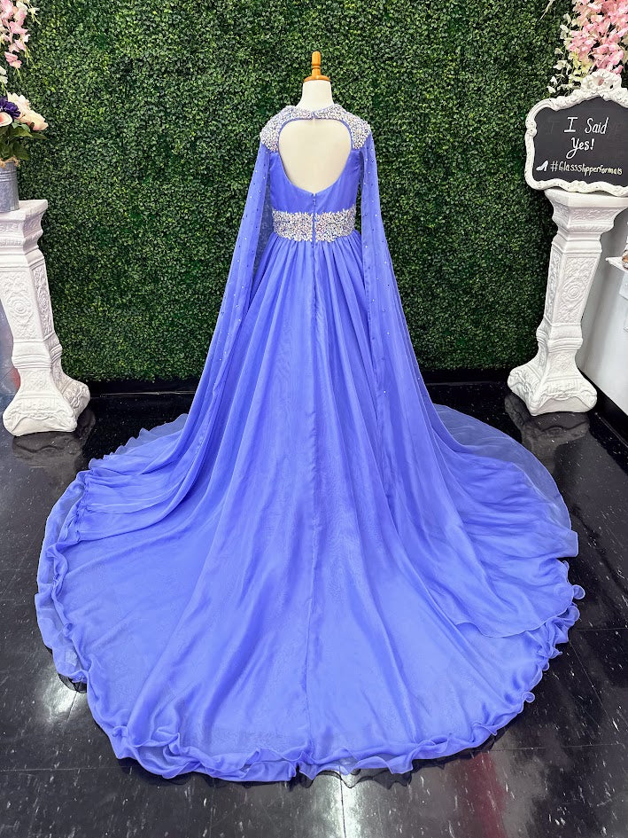 The Samantha Blake 1023 Girls Long Cape Sleeve Pageant Dress is perfect for any special occasion. The crystal cut out back and A line silhouette add a touch of elegance to the chiffon material. With long cape sleeves flowing from a cap sleeve, your child will feel like a true princess in this beautiful dress. Perfect Unique look for Pageants!