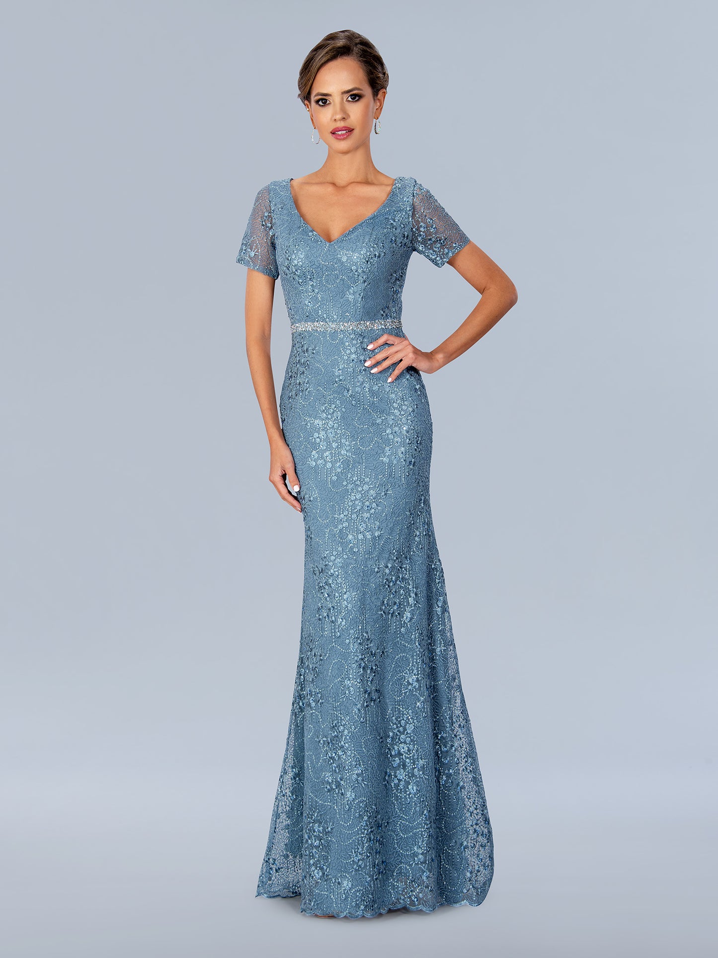 Stella Couture 23325 Mother of the Bride Dress Illusion Sleeves Scalloped Hem Evening Dress