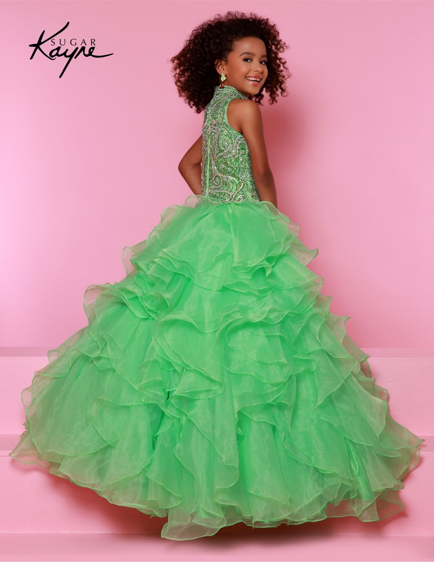 Sugar Kayne C326 Girls Preteens Pageant Dress Ruffled Long Skirt High Neckline Crystal Bodice Sleeveless