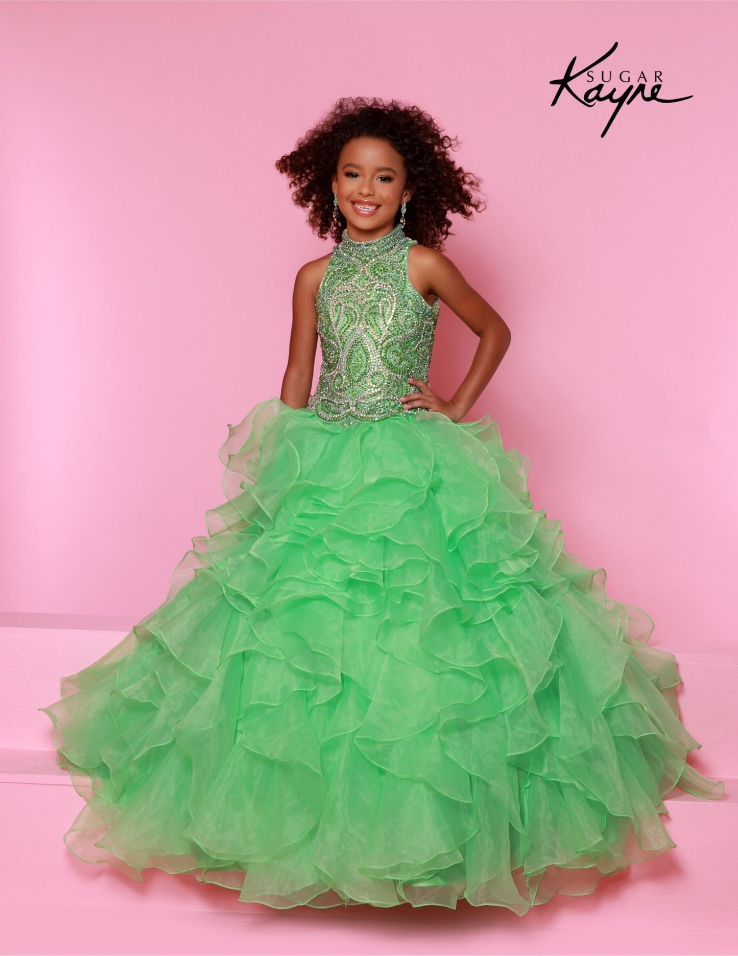 Sugar Kayne C326 Kiwi Girls Preteens Pageant Dress Ruffled Long Skirt High Neckline Crystal Bodice Sleeveless