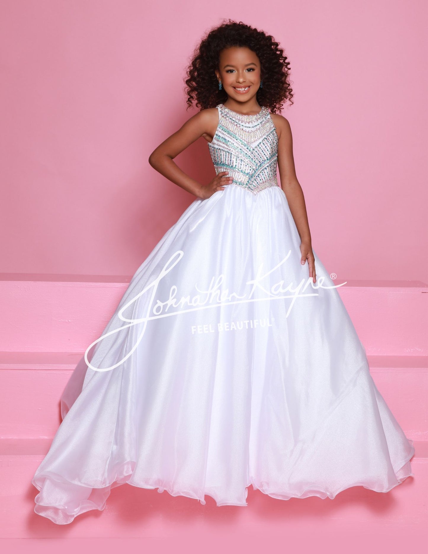 Sugar Kayne C362 Embellished Bodice Girls Pageant Dress High Neckline Organza Long Skirt Princess Waistline