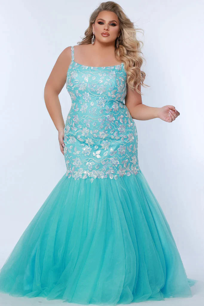 Sydney's Closet Tease Prom TE2316 Leaf Lace Appliques With Sequin Mermaid Silhouette Scoop Neckline Plus Sizes Prom Dress. This prom dress is the height of sophistication and glamour - it's simply 'dress'-sive! The leaf lace appliques and sequins shimmer in the light as you twirl on the dance floor in the sleek Mermaid silhouette. Become the belle of the ball in Sydney's Closet TE2316!