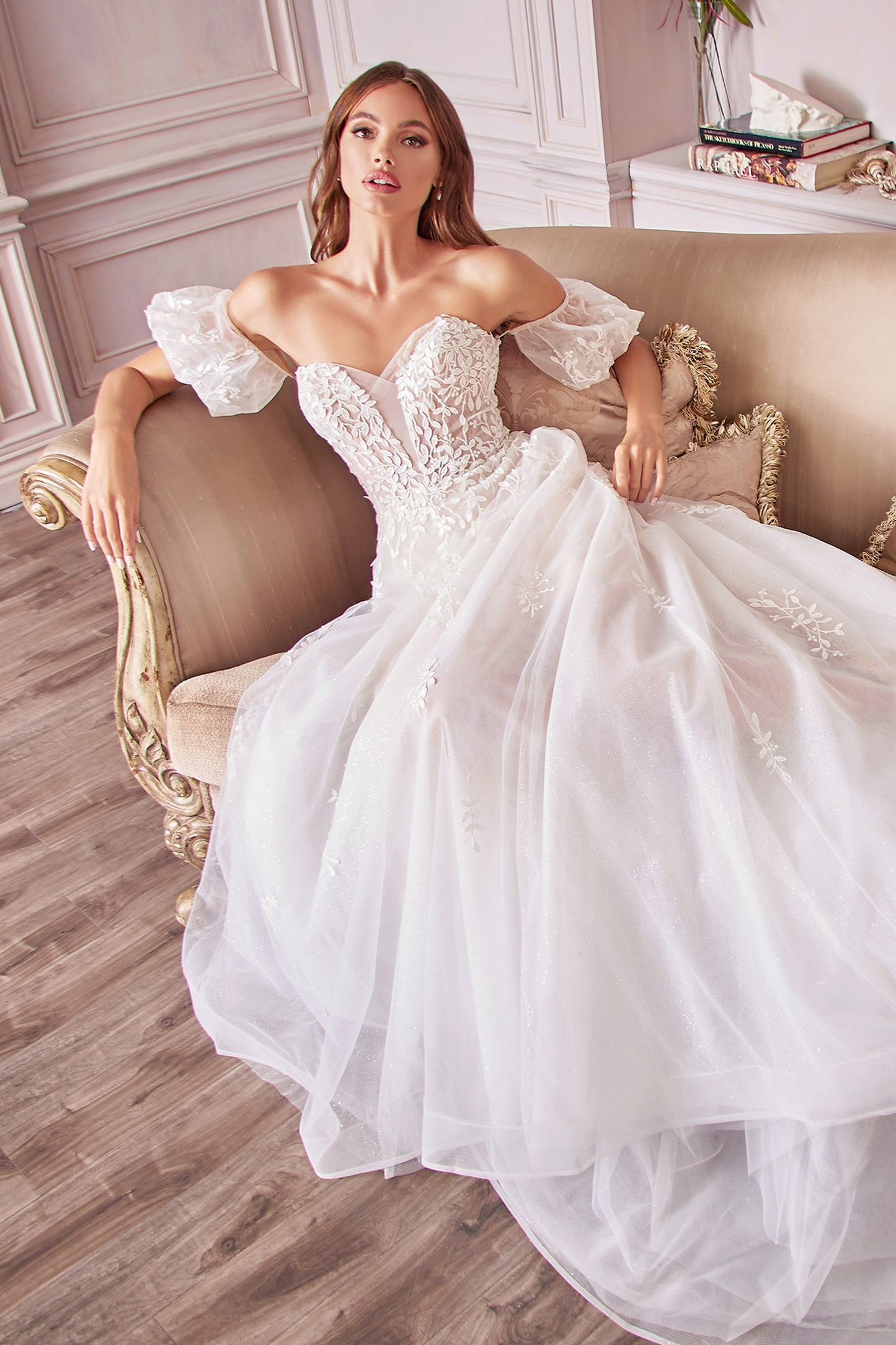 Andrea and Leo Couture A1014C Strapless Wedding Dress Puff Sleeve A line Curvy