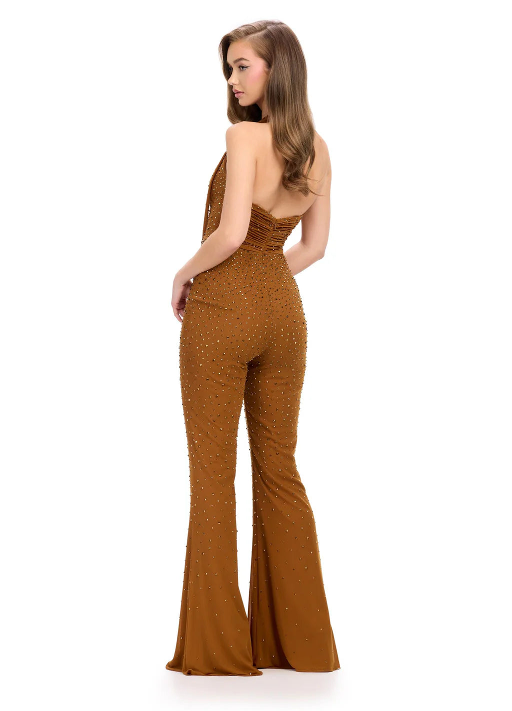 Ashley Lauren 11775 Halter Neckline Jumpsuit Embellished Plunging Neckline with Cowl overlay