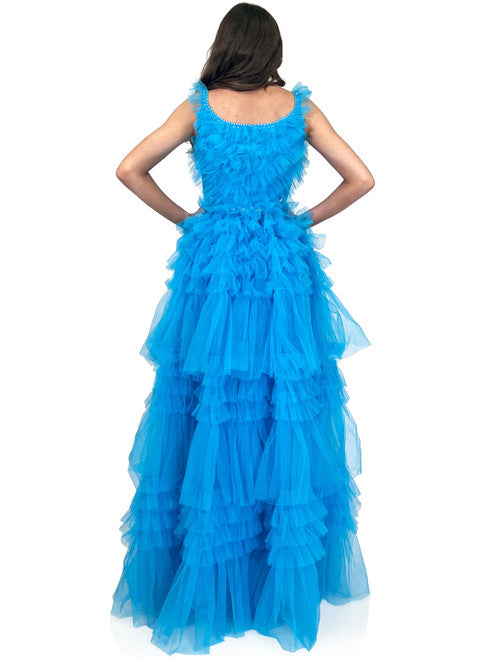 The Marc Defang 8092 Prom Dress is perfect for any ballroom. With its V neckline, long tulle layered ruffles, and sparkling crystal detail, it is sure to make you the center of attention. Its comfortable fit and luxe fabric makes it the ideal choice for a special occasion.  Sizes: 00-16  Colors: Hot Pink, Aqua, White, Royal, Red