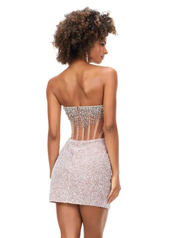 Ashley Lauren 4564 Beaded Cocktail Dress with Exposed Boning nude back