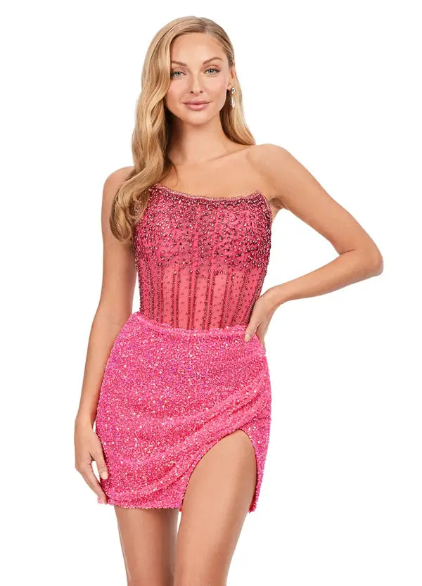 Ashley Lauren 4564 Cocktail Dress Short Sheer Beaded Maxi