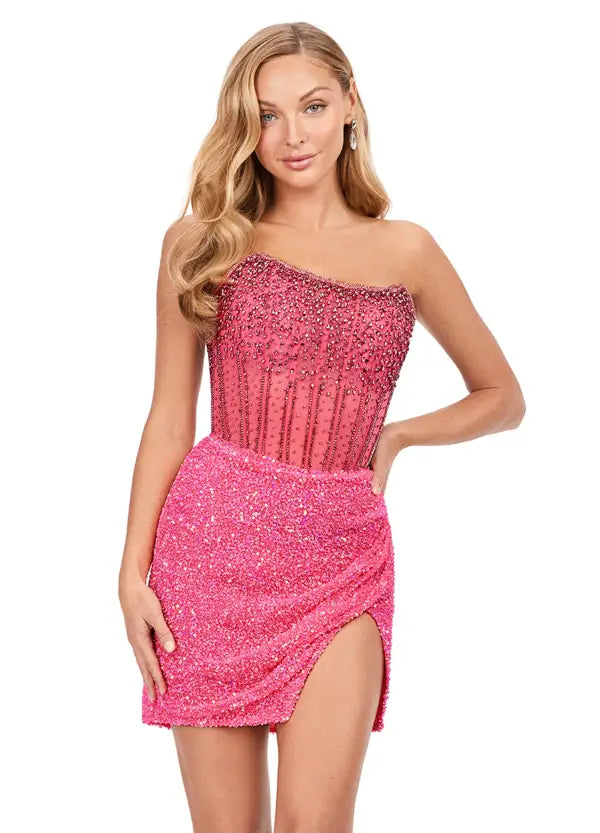 Ashley Lauren 4564 Cocktail Dress Short Sheer Beaded Maxi