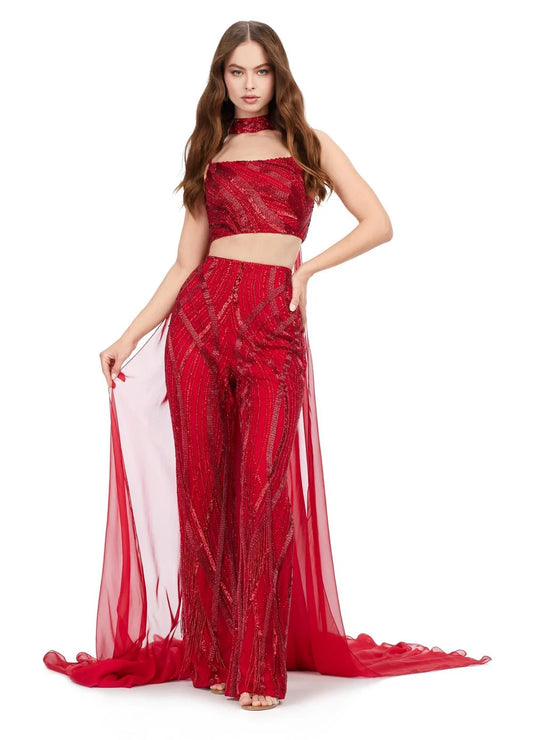 Ashley Lauren 11385 Fully Beaded 2-Piece With Chiffon Cape Spaghetti Strap Jumpsuit